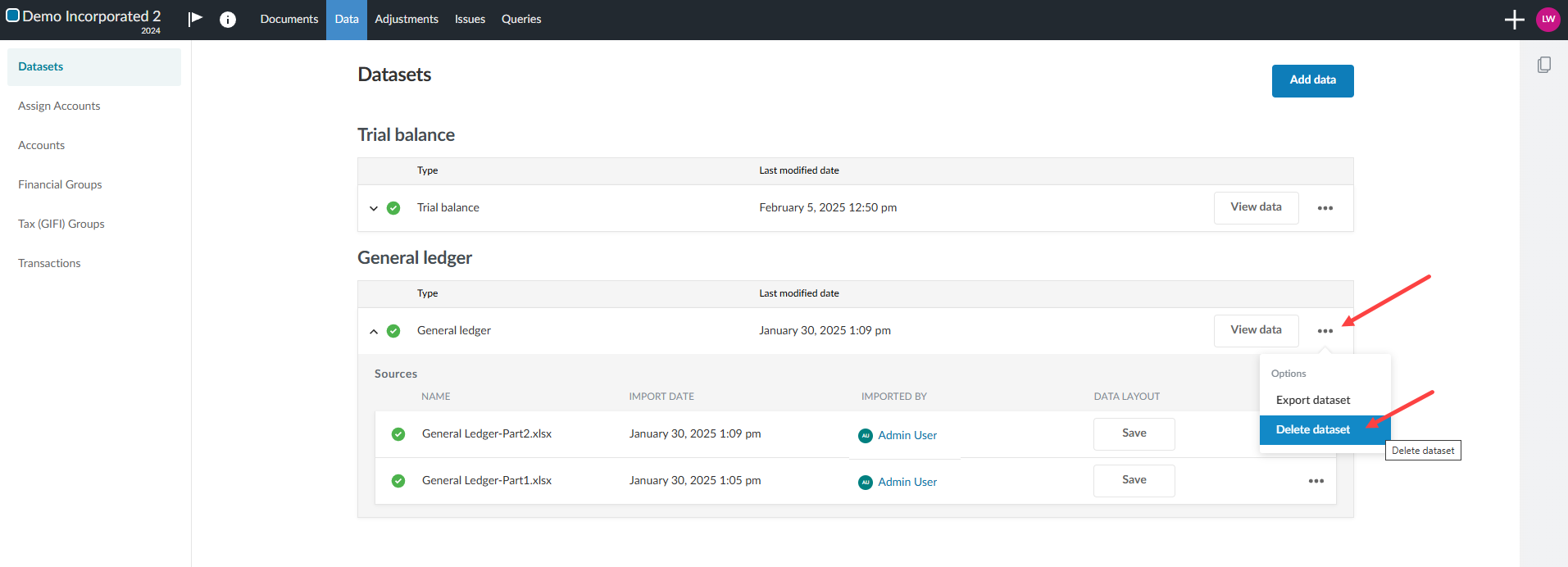 Option to delete dataset of a general ledger.